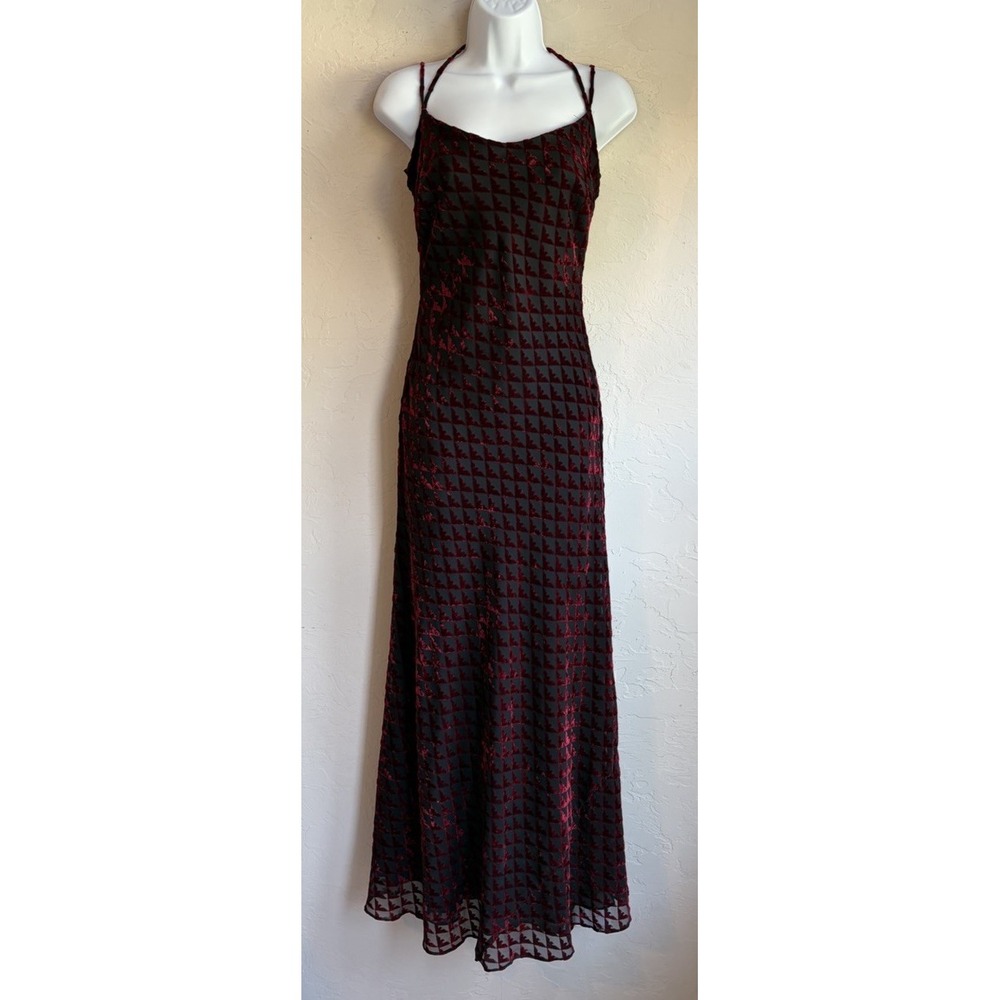 Vintage 90s Y2K Coty Burnout Velvet Maxi Slip Dress M Red Black Goth Whimsigoth
